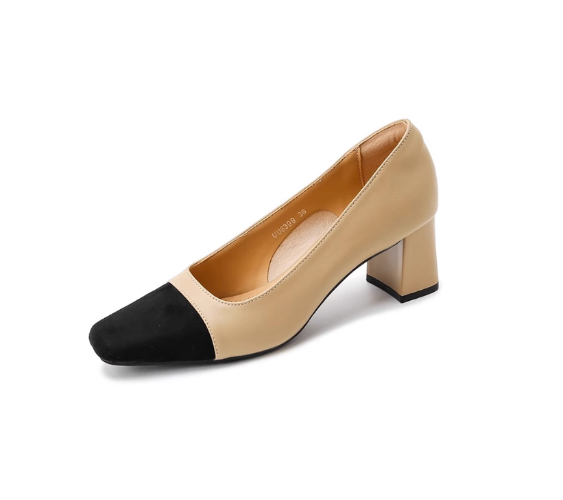 真皮小香风拼色高跟鞋女2025年夏季新款法式浅口软皮中跟粗跟单鞋