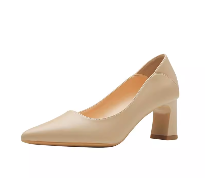 裸色粗跟高跟鞋女2025年春秋季新款尖头小码职业通勤百搭气质单鞋