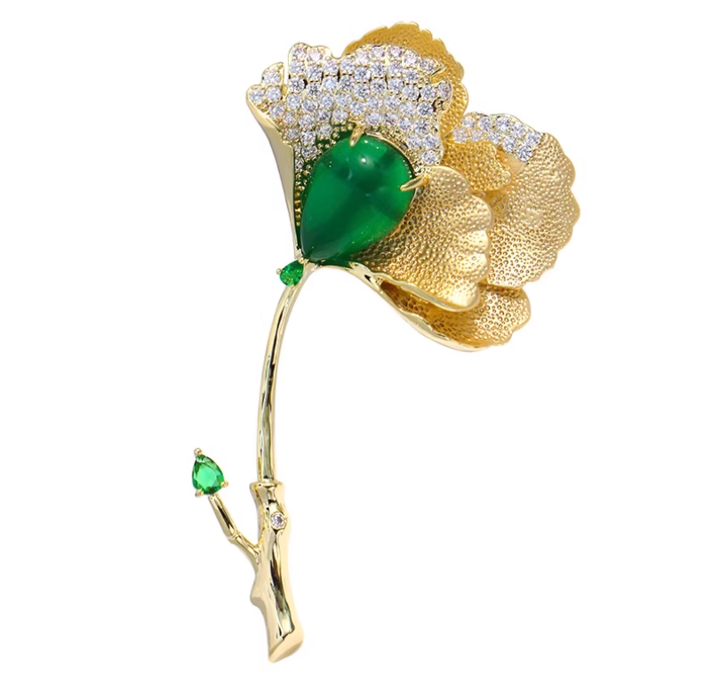 轻奢气质祖母绿荷叶别针大衣高级感胸针高档女胸花西服配饰